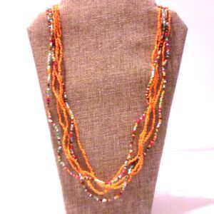 Orange and Multi Colored Long Seed Bead Multi Strand Necklace *